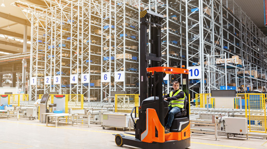 A lead acid powered forklift truck in a warehouse